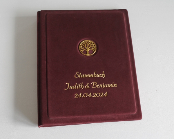 Stammbuch "Goldene Lebensbaum" aus weinrotem Samtleder,  DIN A5